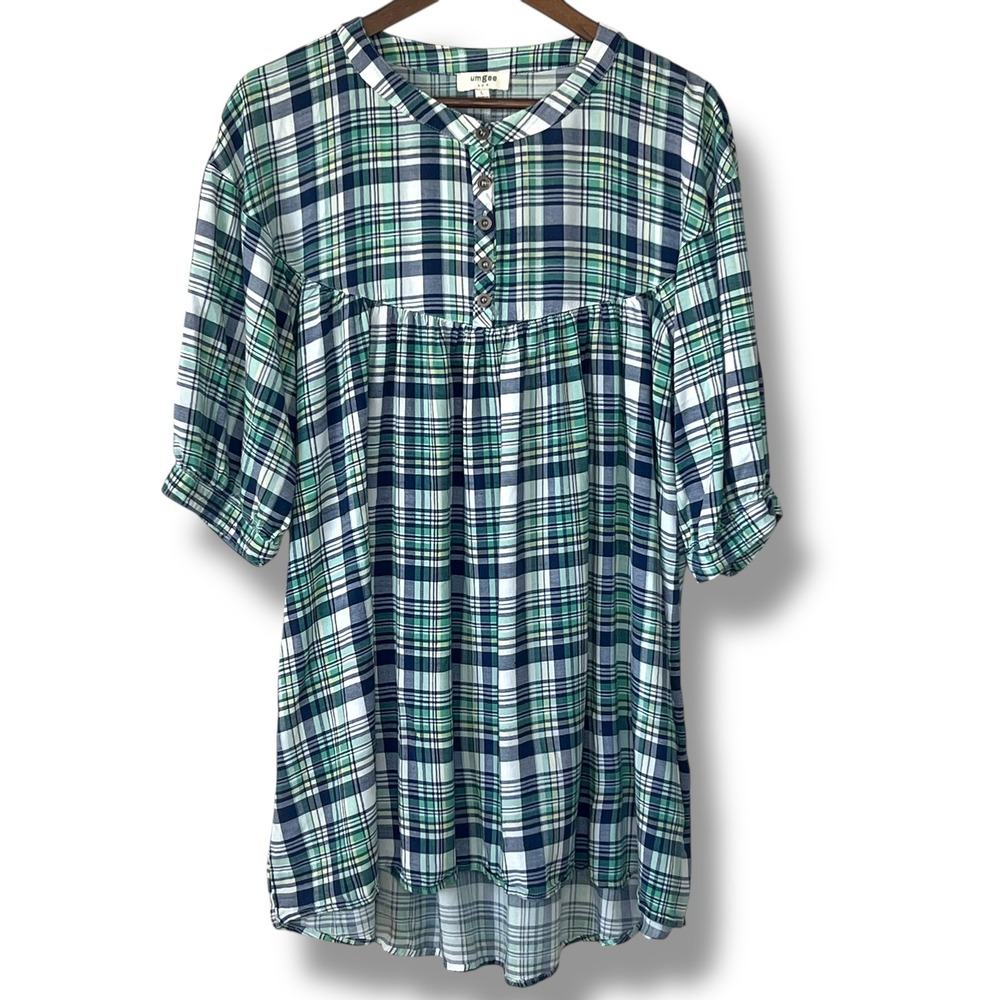 Umgee Babydoll Tartan Flannel L Plaid Y2K Tunic Top‎ Dress Western Blue Academia